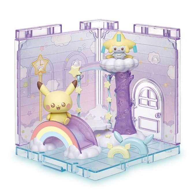 Pokémon playset with Pikachu on a rainbow slide and Jirachi on a cloud tree, in a pastel room.