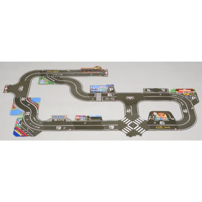  Toy road playset with buildings, signs, and speed limits. Features curves, intersections, and parking.