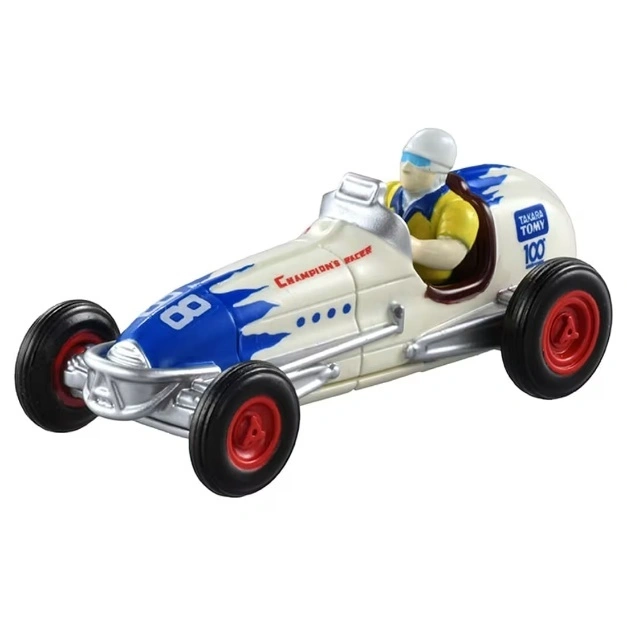 Toy race car with driver, white and blue with red wheels, number 8 on front.