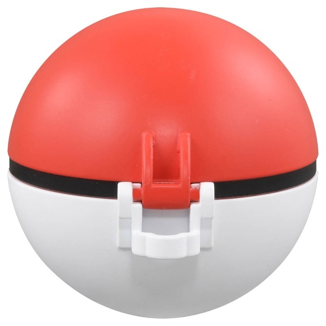 Red and white Poké Ball toy with a black stripe and a white button.