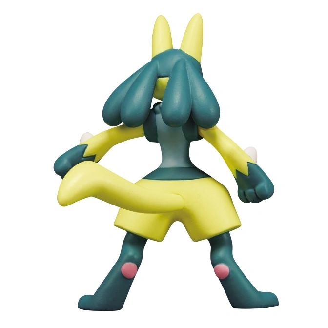  Lucario toy figure with yellow body, teal accents, and pink knee pads, standing with arms outstretched.
