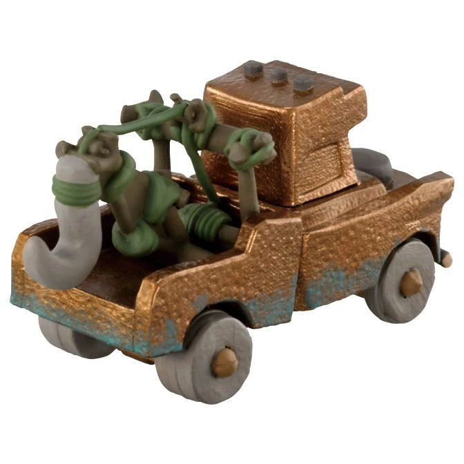 Toy car with a brown, weathered finish and green details.