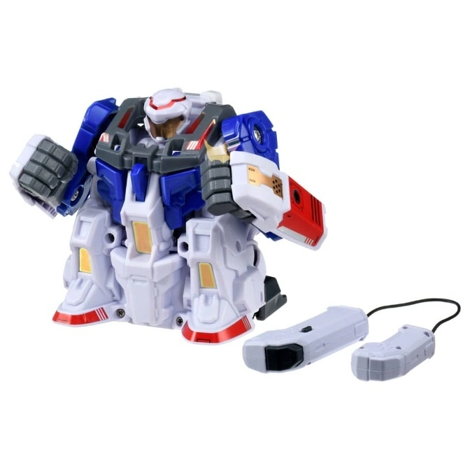 Blue and white robot toy with remote controls, kneeling on the ground.