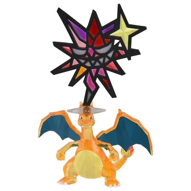  Charizard figure with a stained glass-style Eternatus above it, a Pokémon toy.