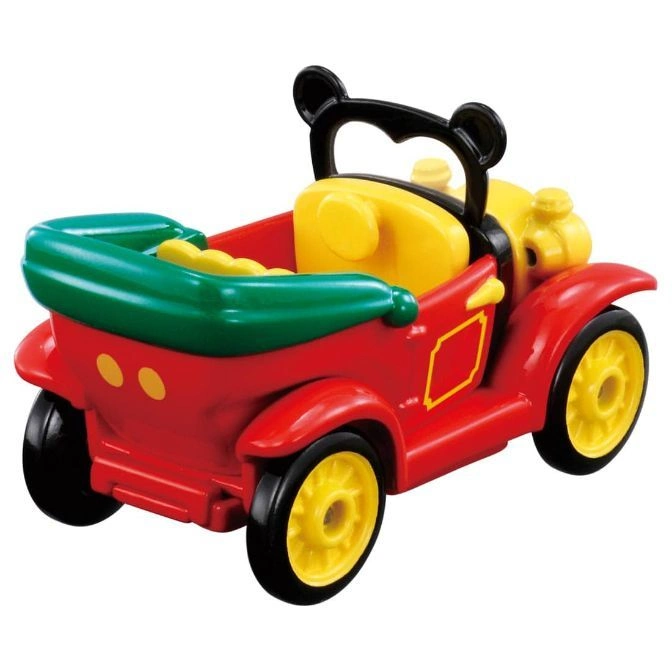  Mickey Mouse toy car with red body, yellow seats and wheels, and green trim.