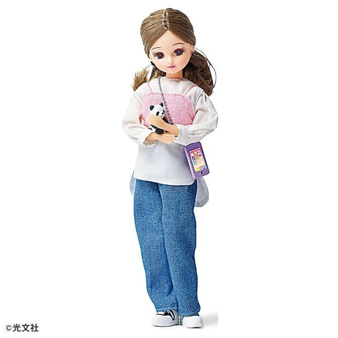  Licca doll in jeans, white top, pink camisole, holding panda plush, with toy phone.