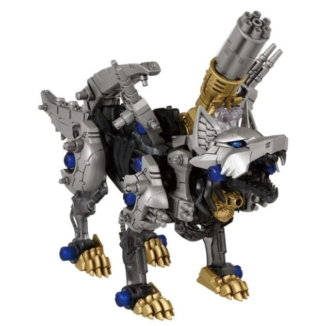 Silver wolf Zoid toy with gold accents and a large gun turret on its back.