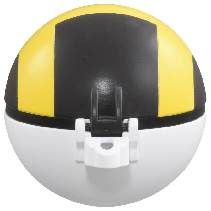 Dusk Ball toy: black, yellow, and white sphere with a button.