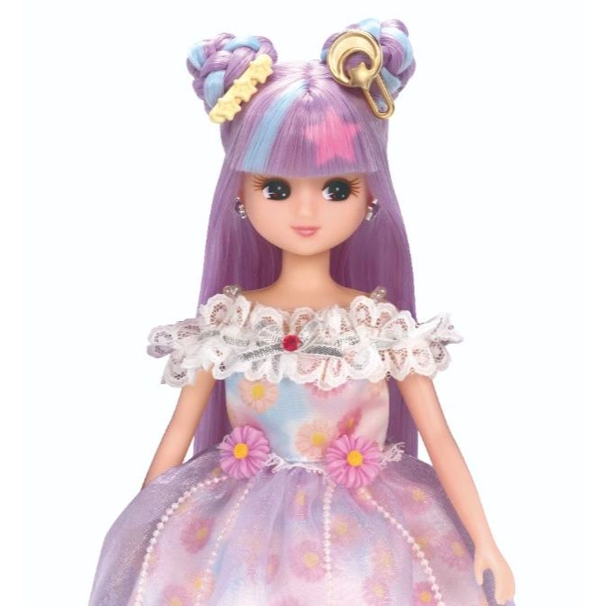  Doll with purple hair, flower dress, and braided buns with accessories.