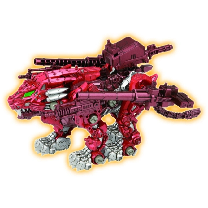  Red Zoids Liger toy with weapons, glowing green eyes and silver paws.