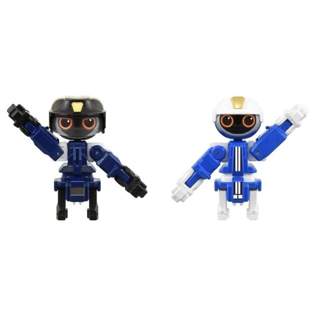  Two robot toys, one black and blue, one white and blue, both with arms raised.