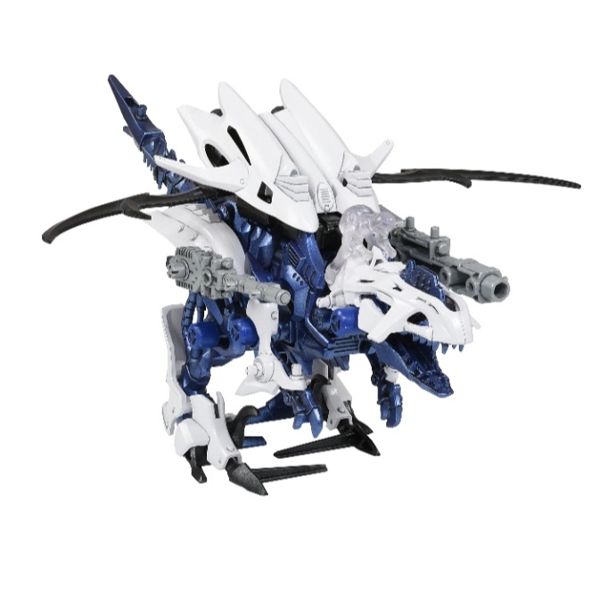  Blue and white dinosaur Zoid toy with guns and wings.