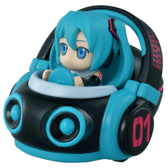 Hatsune Miku toy car with a chibi figure driving, featuring blue and black design.