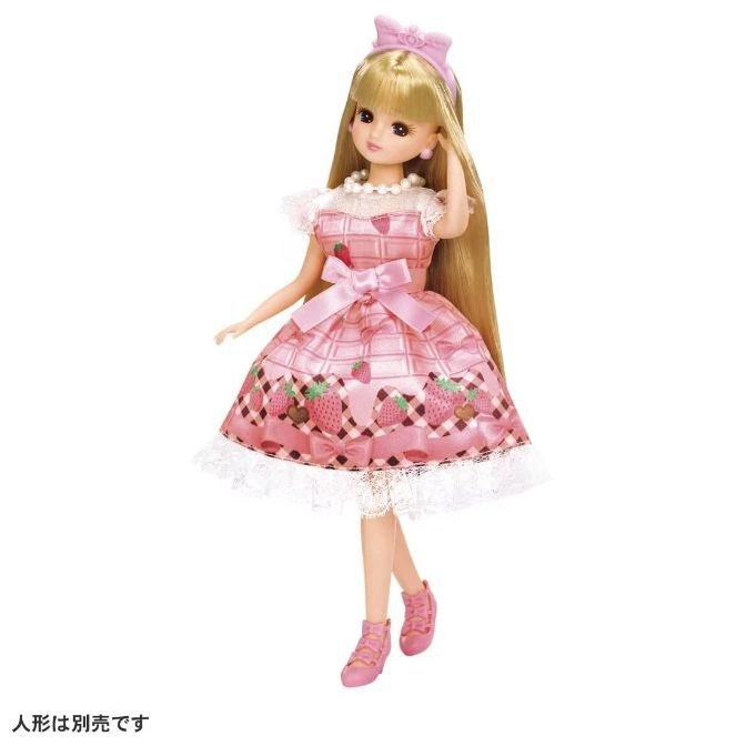  Strawberry-themed Licca doll with blonde hair, pink dress, and matching shoes.
