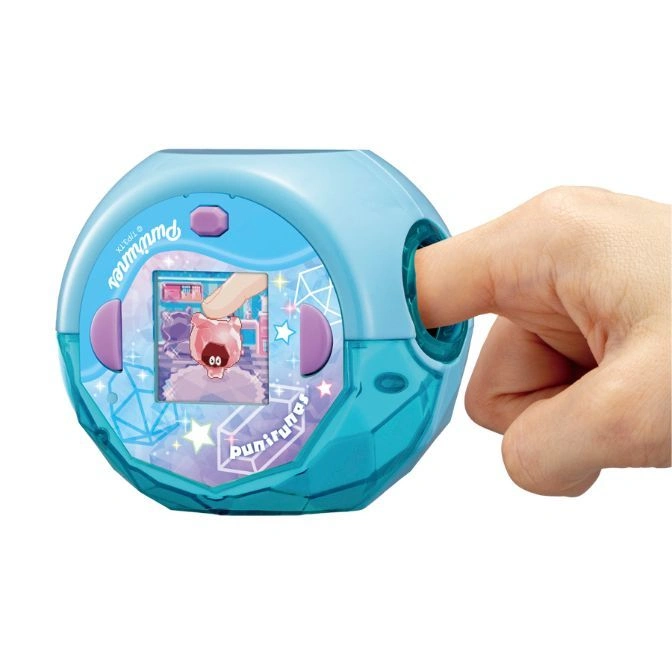  Blue Punirunes toy with a finger inserted, showing a character on screen.
