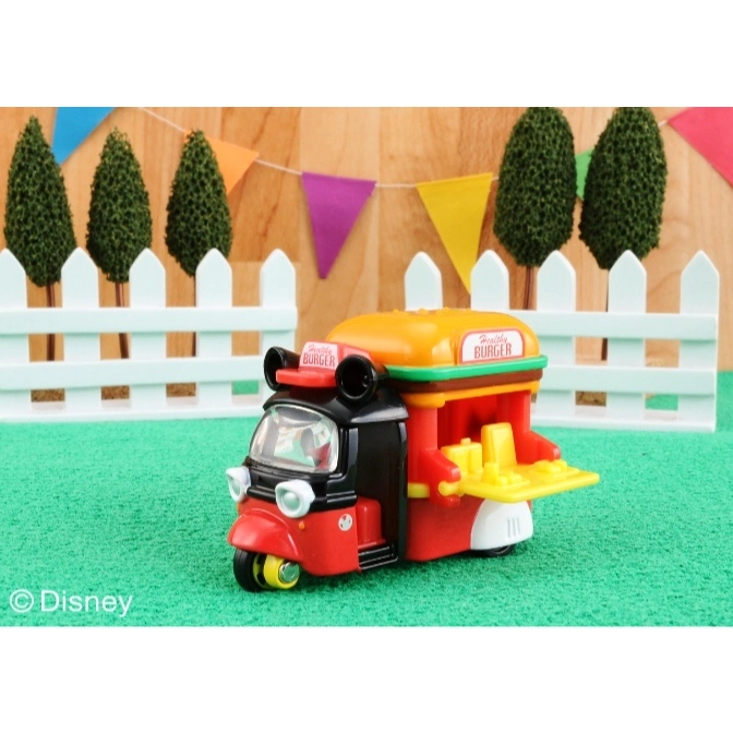  Mickey Mouse burger food truck toy with red, black, and yellow colors.