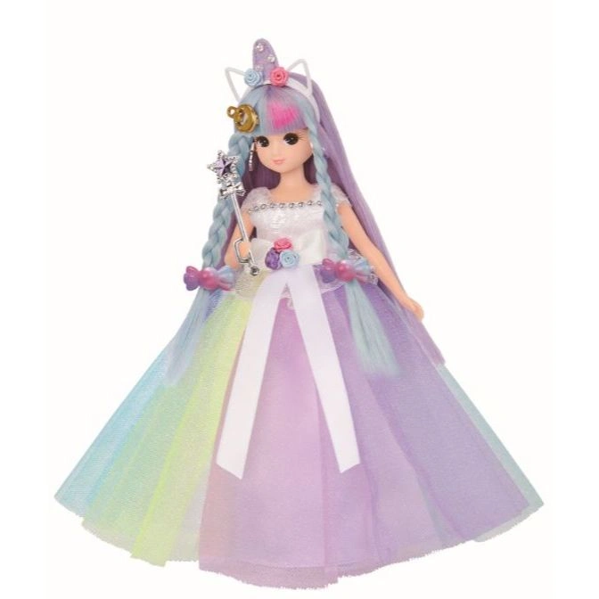 Unicorn doll with rainbow dress, wand, and purple hair.