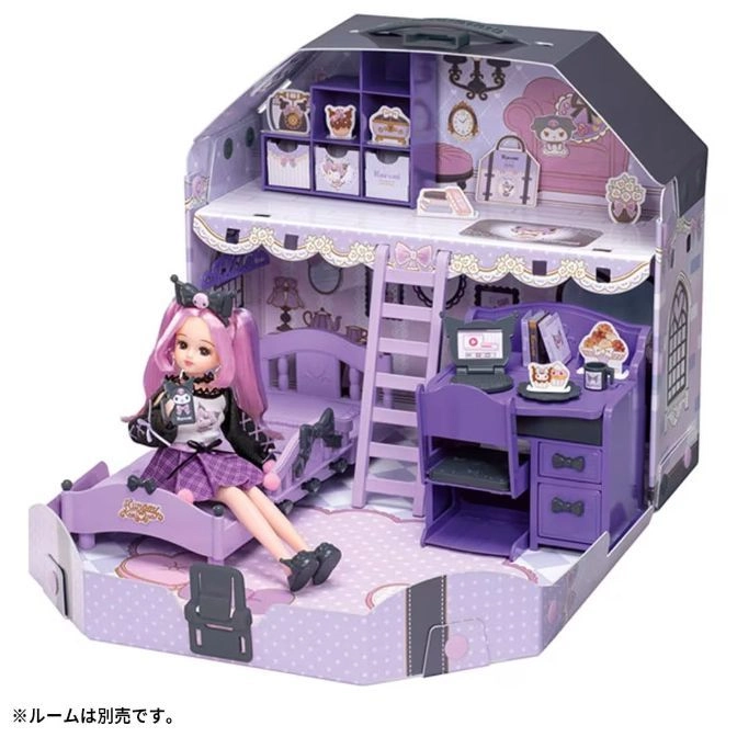  Purple dollhouse with doll sitting on bed. Features desk, ladder, and attic storage.