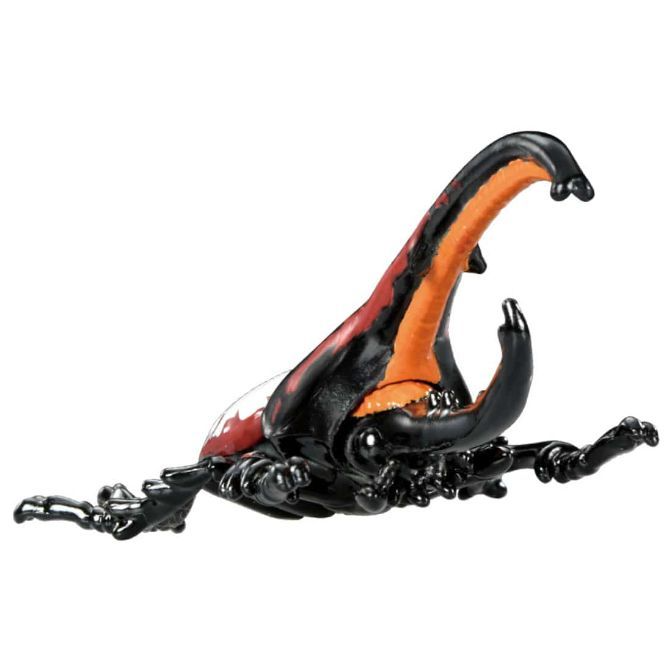  Toy stag beetle with large orange and black horns, and black body.