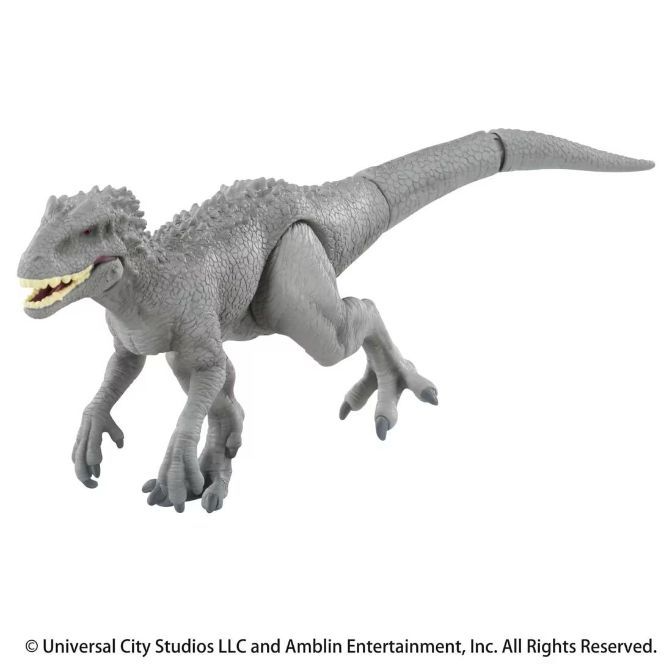  Grey Indominus Rex toy with articulated limbs and tail, posed mid-stride.