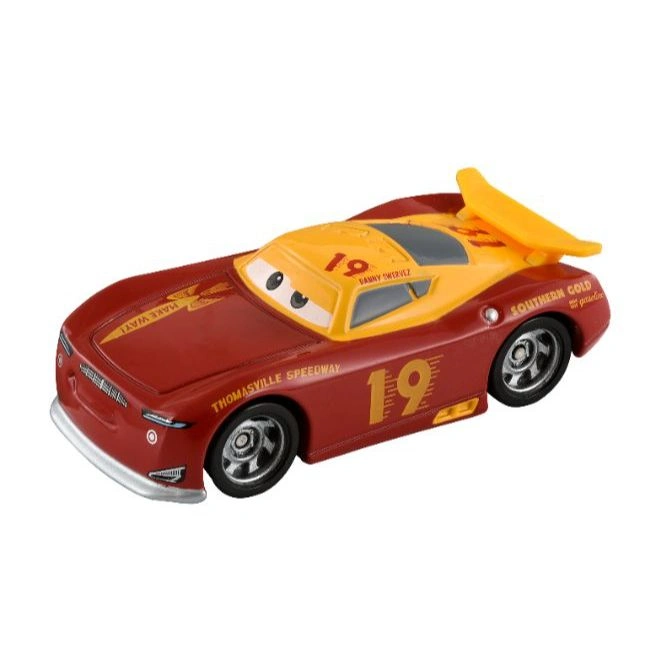 Danny Swervez #19 toy car from Disney Pixar Cars. Red and yellow with racing decals.