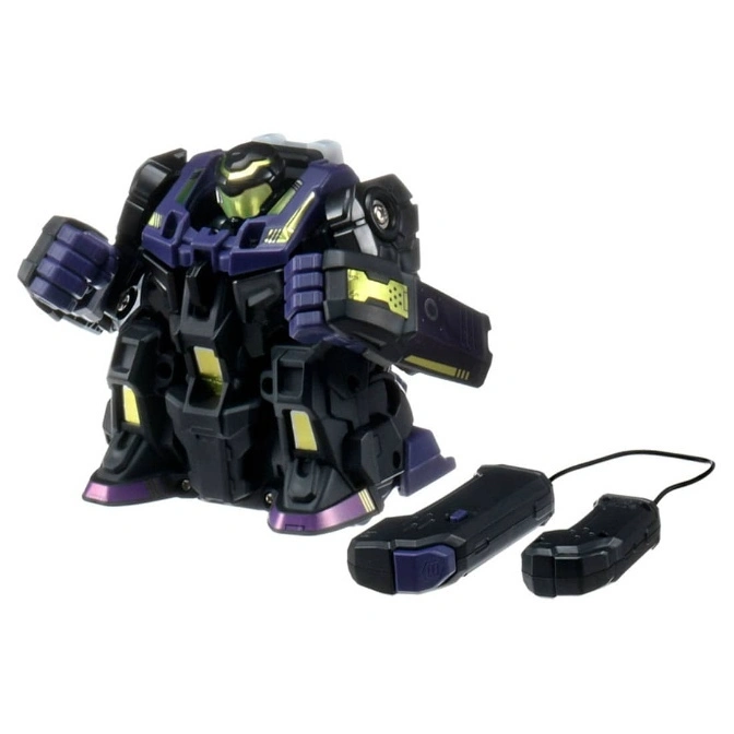 Black and purple robot toy with remote controls.