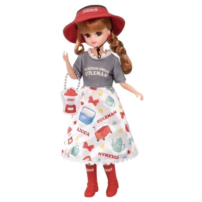 Licca doll in Coleman camping outfit: hat, tee, skirt, boots, lantern purse.