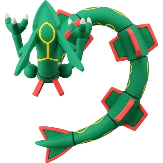  Green Rayquaza toy with red accents, white claws, and a segmented, curved body.