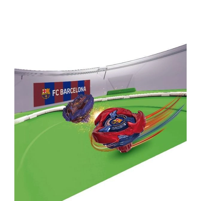 FC Barcelona Beyblades battling in a stadium, sparks flying, motion trails visible.