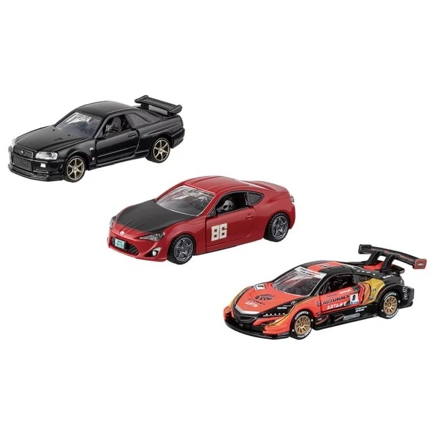 Three toy cars: black Skyline, red 86, and orange/black ARTA race car.
