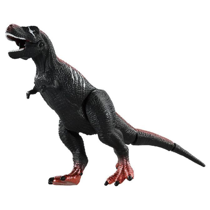  Black and red T-Rex toy with open mouth, standing.