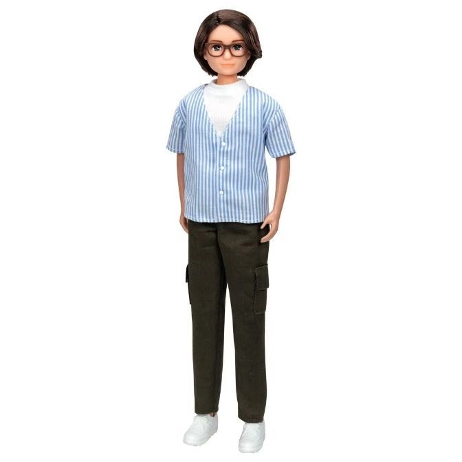 Doll with glasses wearing a striped shirt and cargo pants.