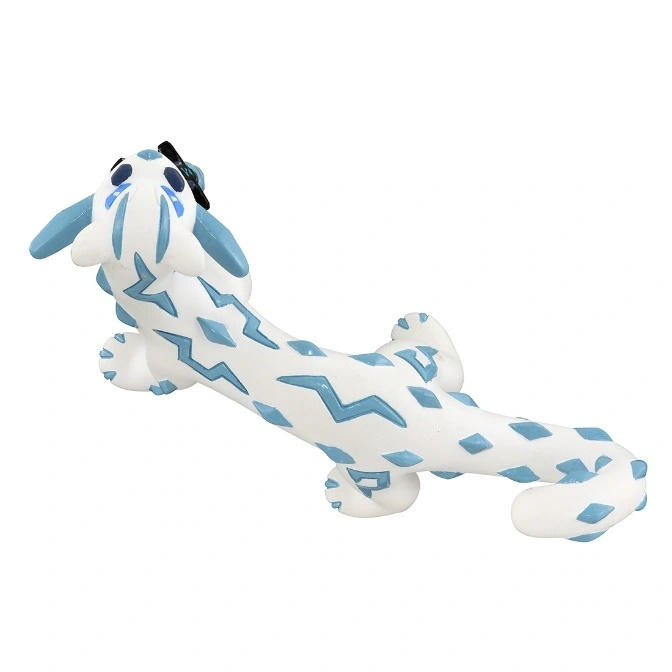  White toy creature with blue markings, floppy ears, and sad expression.