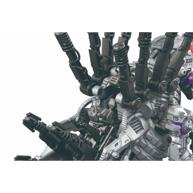  Silver and black robotic toy with multiple gun-like appendages.