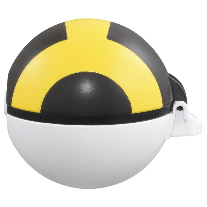 Dusk Ball toy: black and yellow top, white bottom, ready for Pokémon catching.