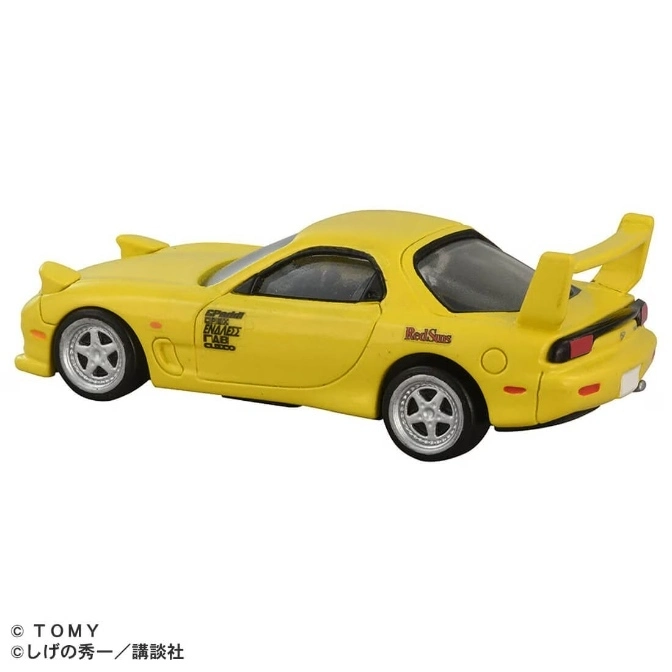  Yellow Mazda RX-7 FD3S toy car with Red Suns decal and aftermarket wing.