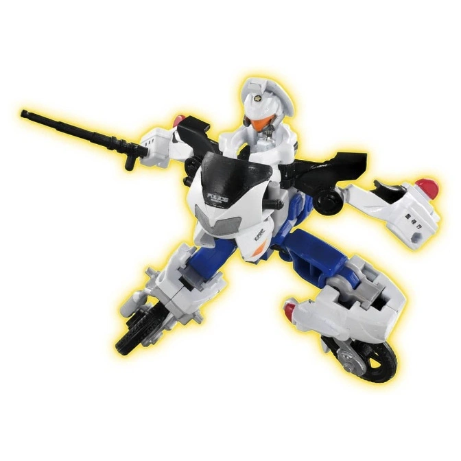  White and blue police motorcycle transformer toy with a figure holding a gun.