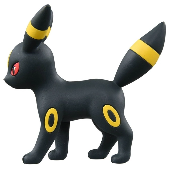  Umbreon toy figure, black with yellow markings, standing.