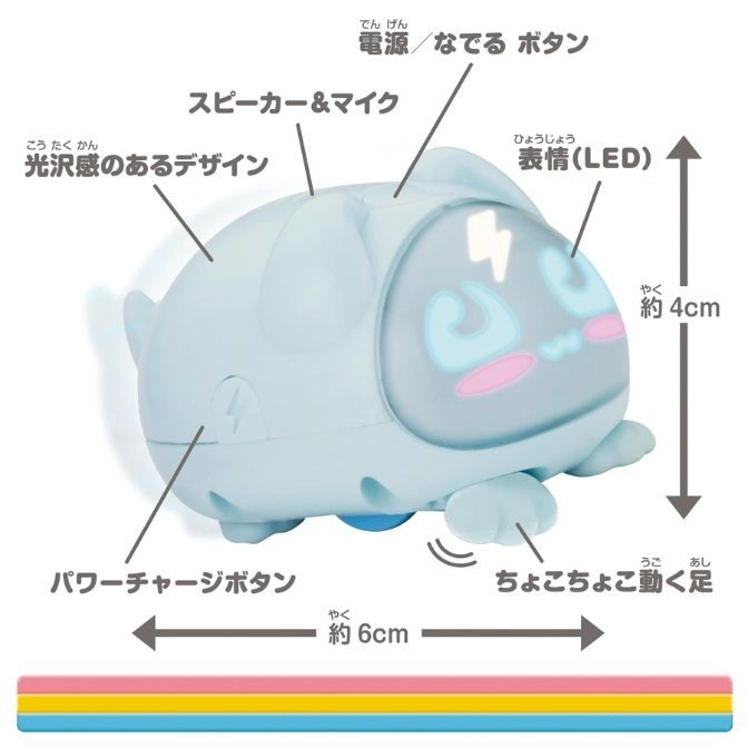  Blue toy pet with LED face, labeled with dimensions and features like power button and moving feet.