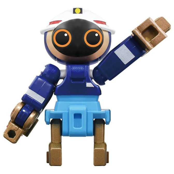  Blue and bronze robot toy with white helmet, black face, and articulated arms and legs.