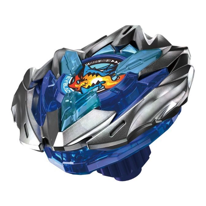 Blue and silver Beyblade toy with a dragon design in the center.
