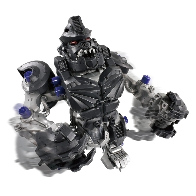  Robotic gorilla toy with armored body and articulated arms.