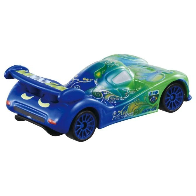  Blue and green toy race car with a spoiler and number 8 on the side.
