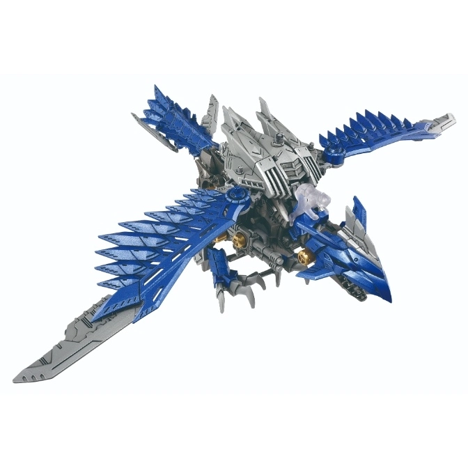  Blue and silver robotic bird toy with articulated wings and a small figure on its back.
