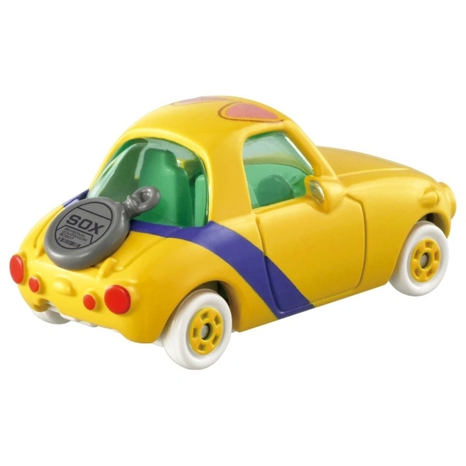  Yellow toy car with blue stripe and 'SOX' tag. White wheels, red taillights.