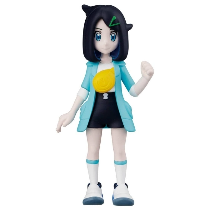 Pokémon Iono figure with blue jacket, black shorts, and yellow accessory.