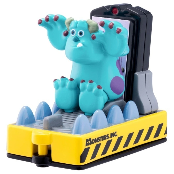 Sully toy from Monsters, Inc. on a yellow platform with blue spikes and a black frame.