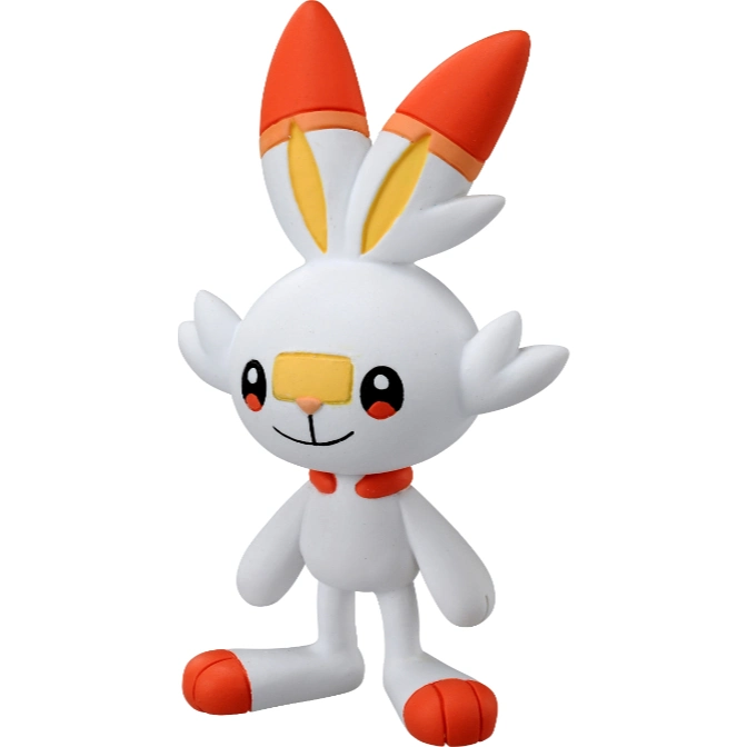 Scorbunny toy figure with orange accents on ears and feet, smiling.