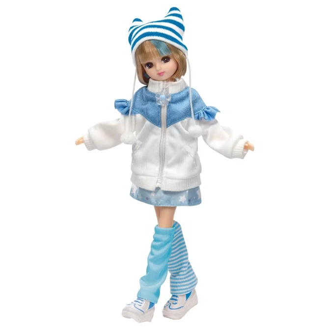  Doll with blue-striped hat, white jacket, blue skirt, and striped leg warmers.