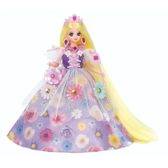 Blonde doll in a floral gown and crown, resembling a princess.